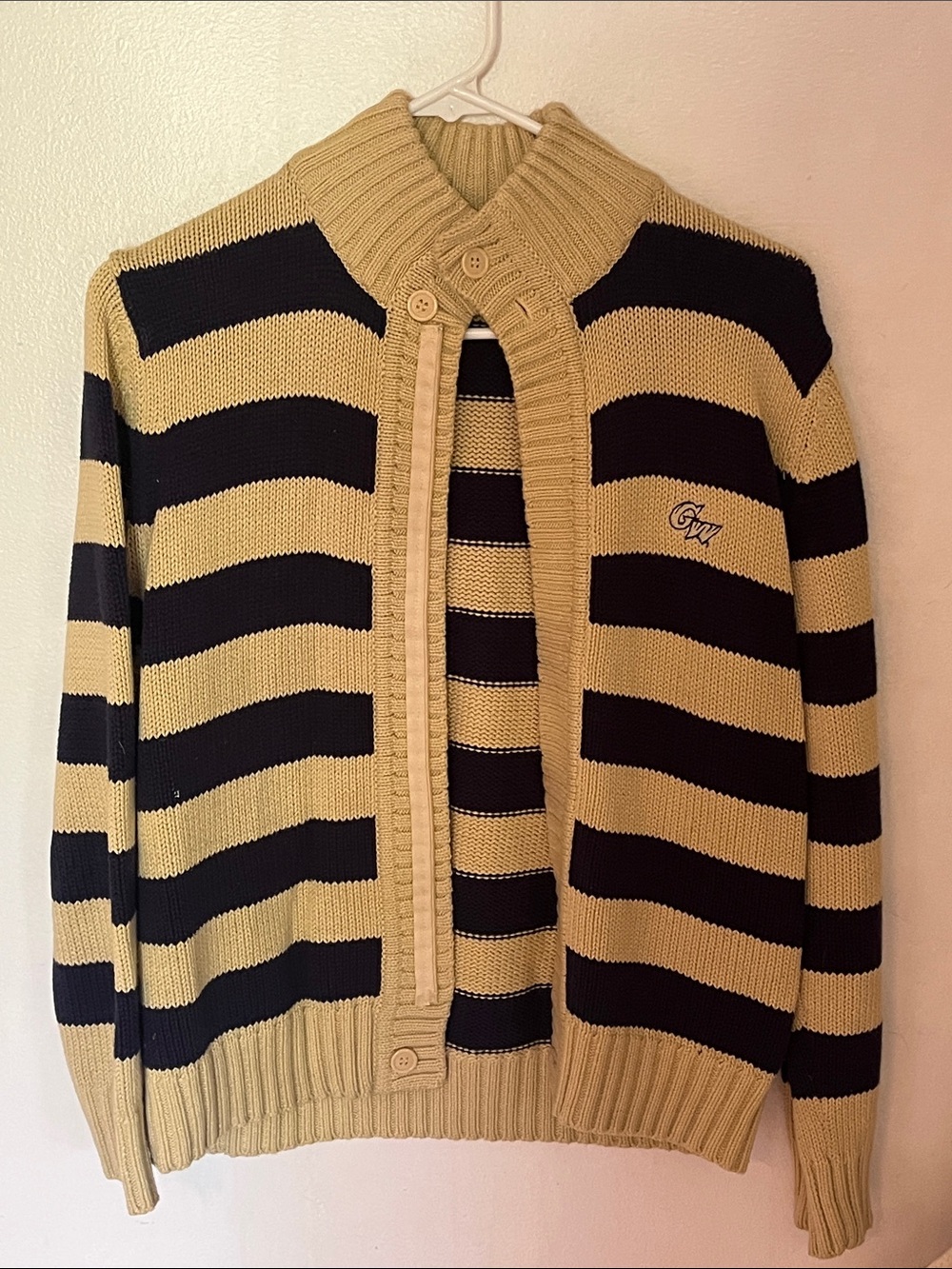 Vintage preppy Striped Knit Cardigan with Button Shawl Collar - Black & Tan